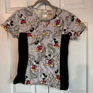 Disney XS Mickey Mouse Grey Scrub Top with Stretch Knit Comfort‎ Side Panels